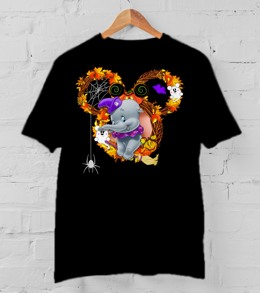 Dumbo Halloween Mickey Ears Fall Leaves Wreath With Ghosts And Spider Web T-Shirt