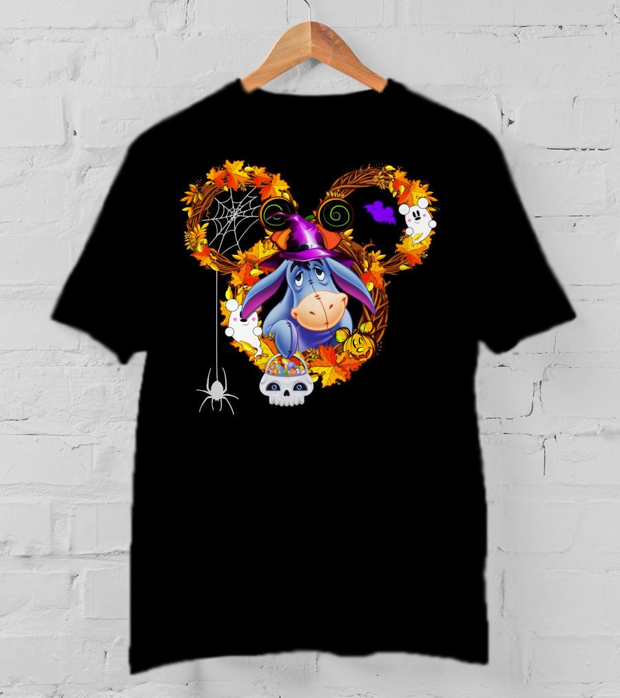 Eeyore Halloween Wreath With Witch Hat And Candy Skulls T-Shirt