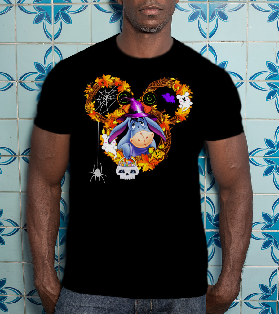 Eeyore Halloween Wreath With Witch Hat And Candy Skulls T-Shirt