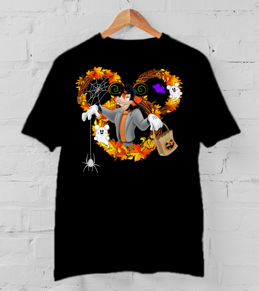 Halloween Goofy In Heart Of Autumn Leaves With Ghosts And Spider T-Shirt