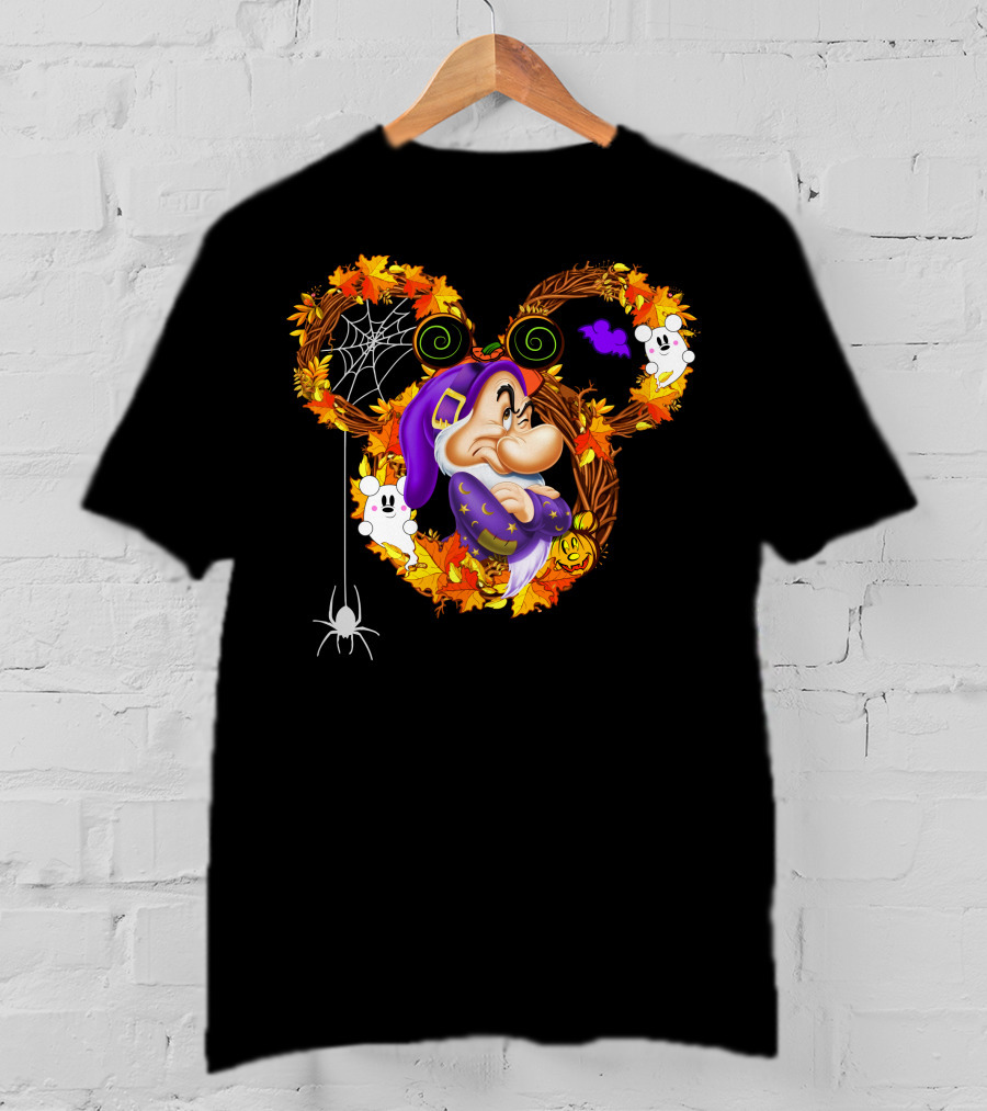 Grumpy Halloween Wreath With Ghosts And Spider Web In Autumn Colors T-Shirt