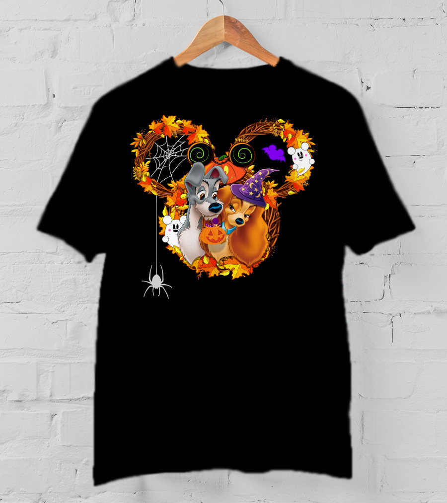 Lady And The Tramp Halloween Wreath With Pumpkins And Ghosts T-Shirt