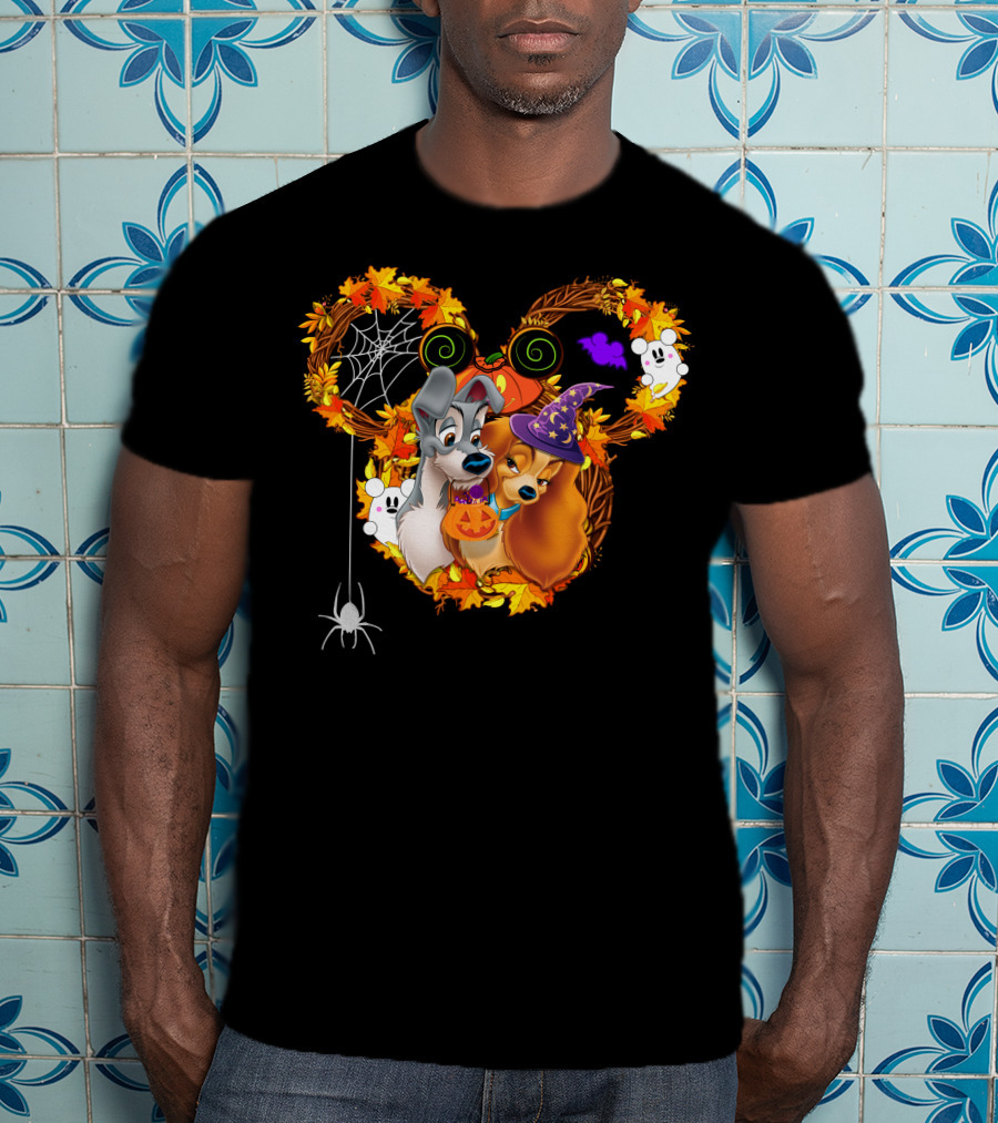 Lady And The Tramp Halloween Wreath With Pumpkins And Ghosts T-Shirt