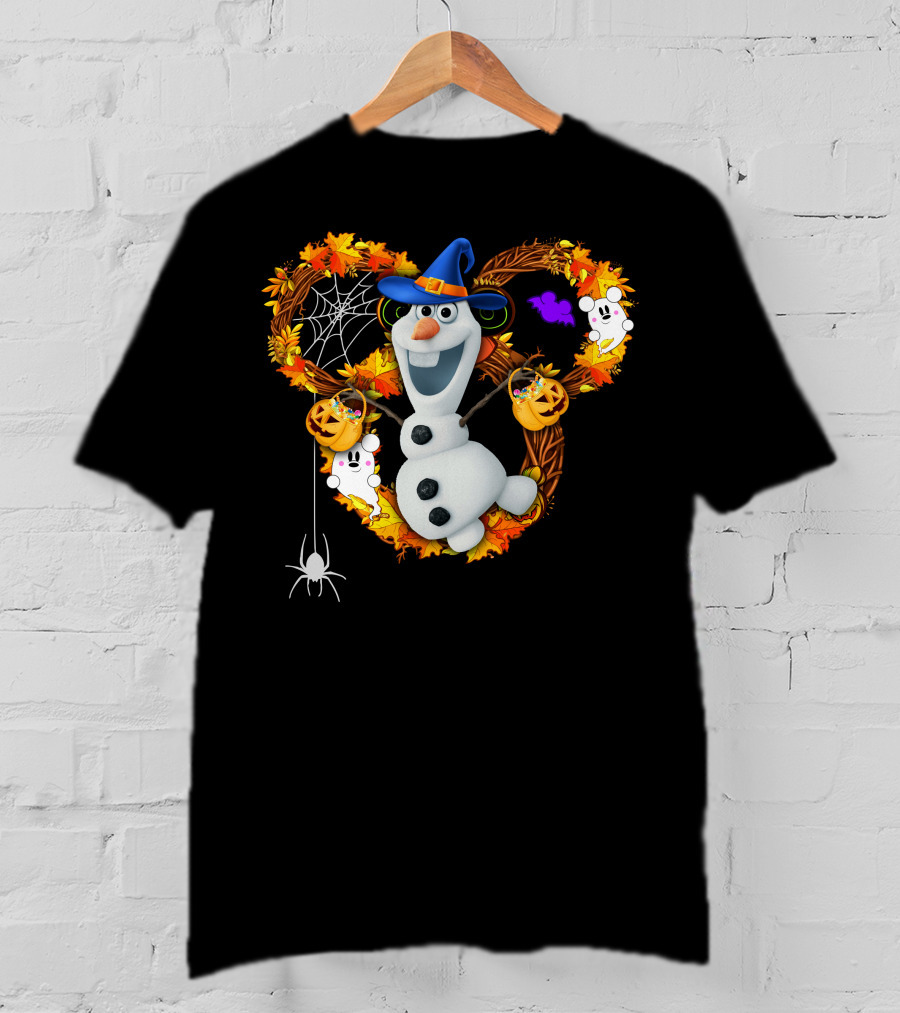 Olaf Halloween Witch Hat Pumpkin Candy Ghosts Spider Web Fall Leaves T-Shirt