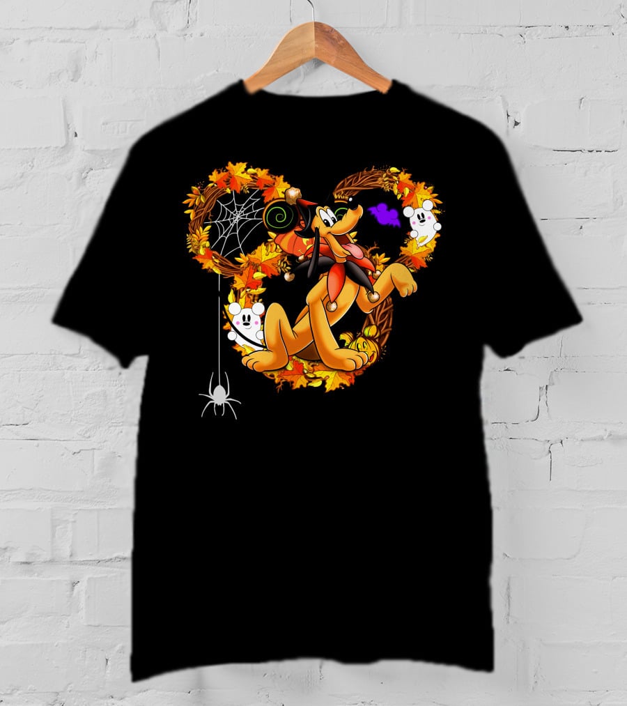 Pluto Halloween Autumn Wreath With Ghosts And Spiderweb T-Shirt