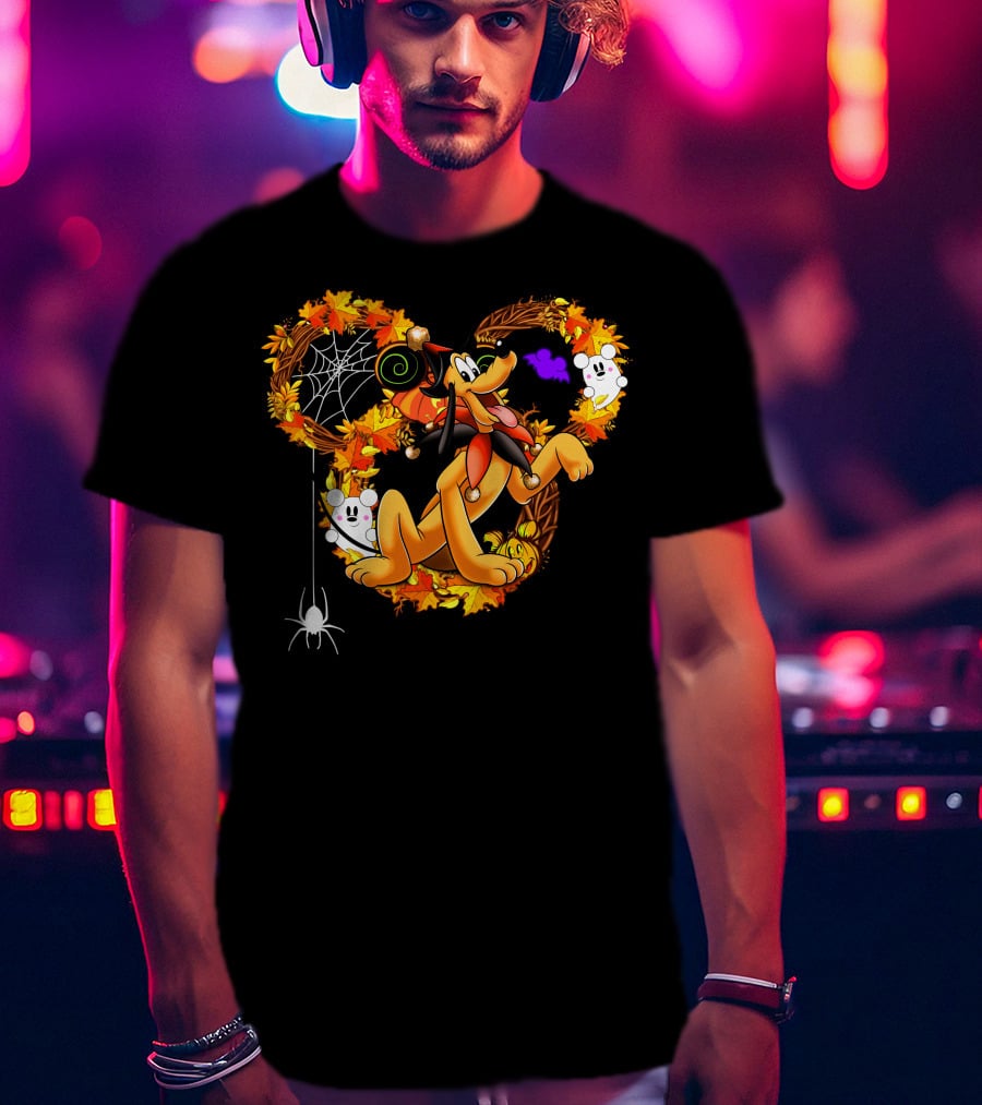 Pluto Halloween Autumn Wreath With Ghosts And Spiderweb T-Shirt
