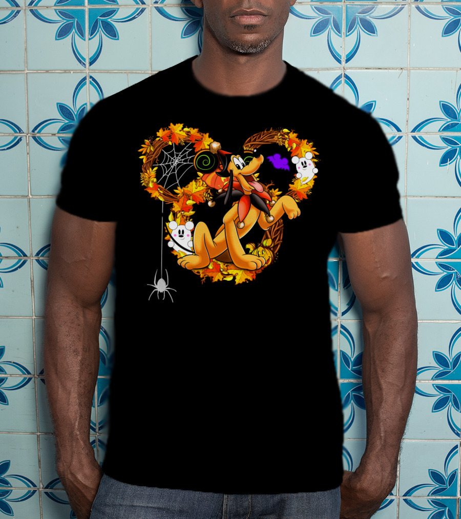 Pluto Halloween Autumn Wreath With Ghosts And Spiderweb T-Shirt