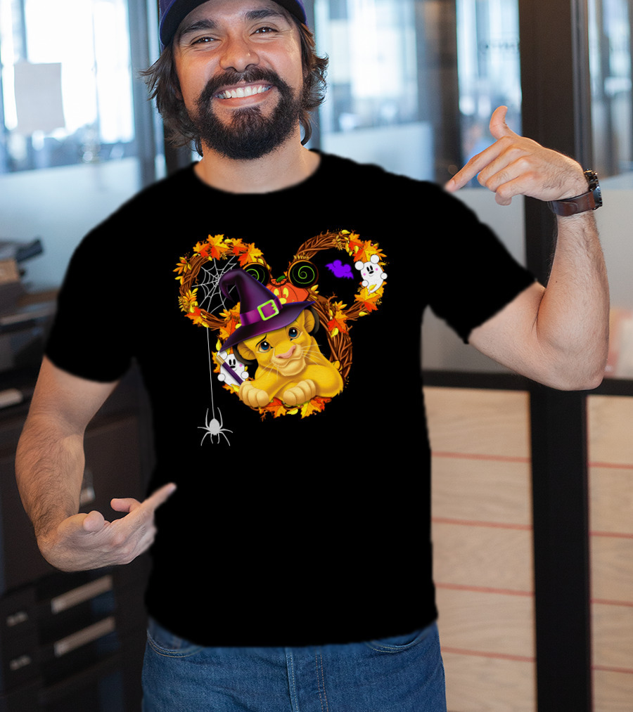 Simba Halloween Wreath With Witch Hat And Autumn Leaves T-Shirt