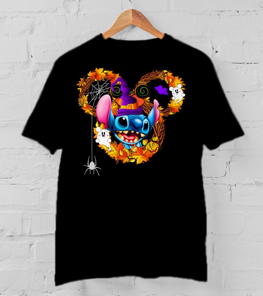 Stitch Halloween Mickey Mouse Ears With Spooky Autumn Leaves And Spider Web T-Shirt