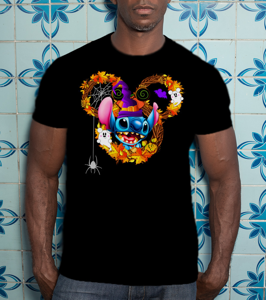 Stitch Halloween Mickey Mouse Ears With Spooky Autumn Leaves And Spider Web T-Shirt