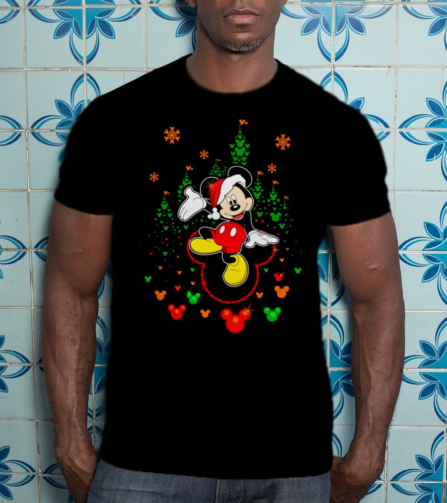 Mickey Mouse Merry Christmas 96 Santa Hat Snowflakes T-Shirt