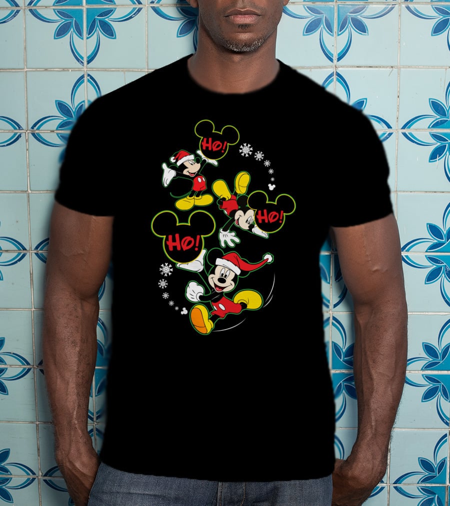 Merry Christmas 112 Mickey Mouse Ho Ho Santa Hat Snowflakes T-Shirt