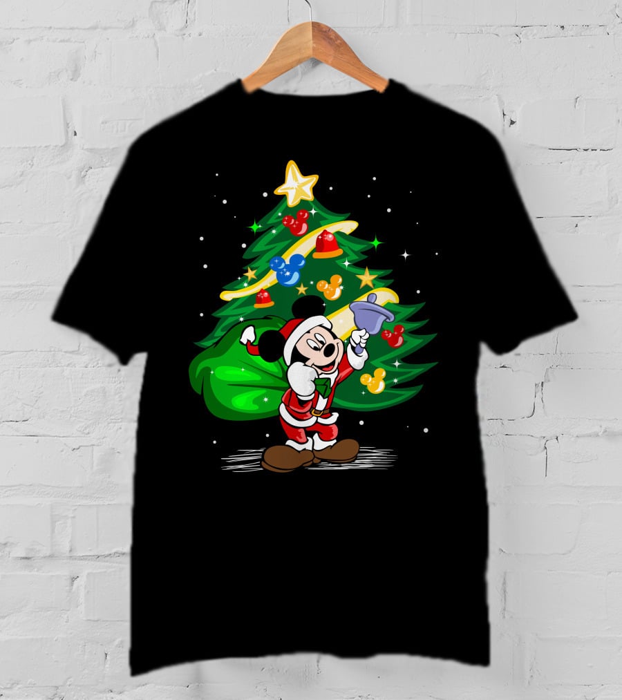 Mickey Mouse Santa With Christmas Tree And Ornaments T-Shirt