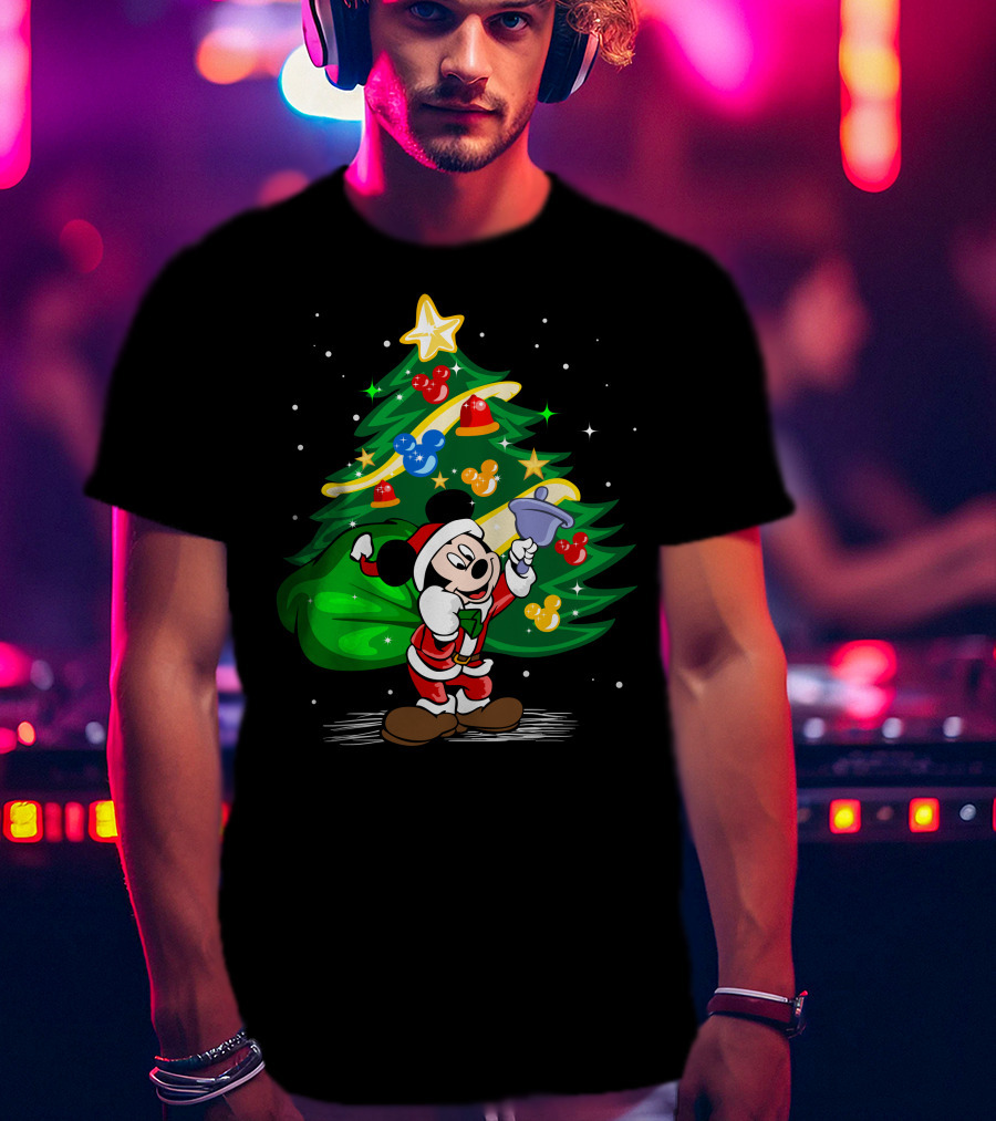 Mickey Mouse Santa With Christmas Tree And Ornaments T-Shirt