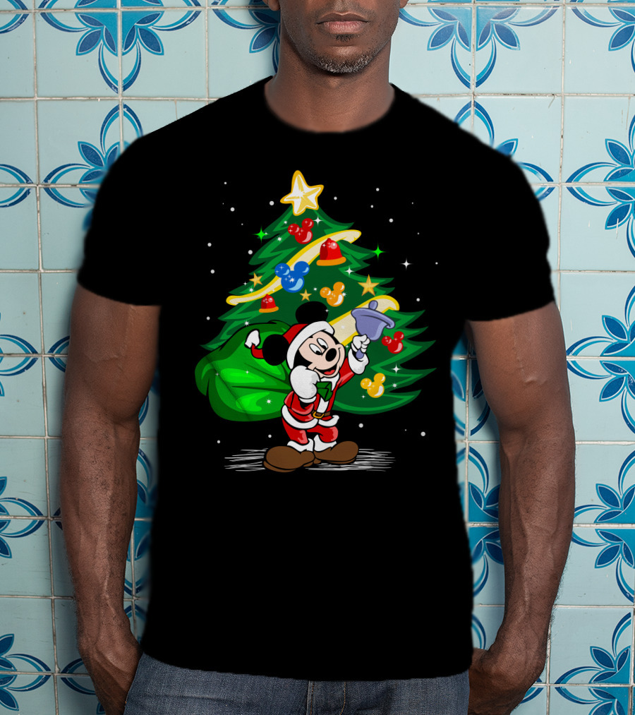 Mickey Mouse Santa With Christmas Tree And Ornaments T-Shirt