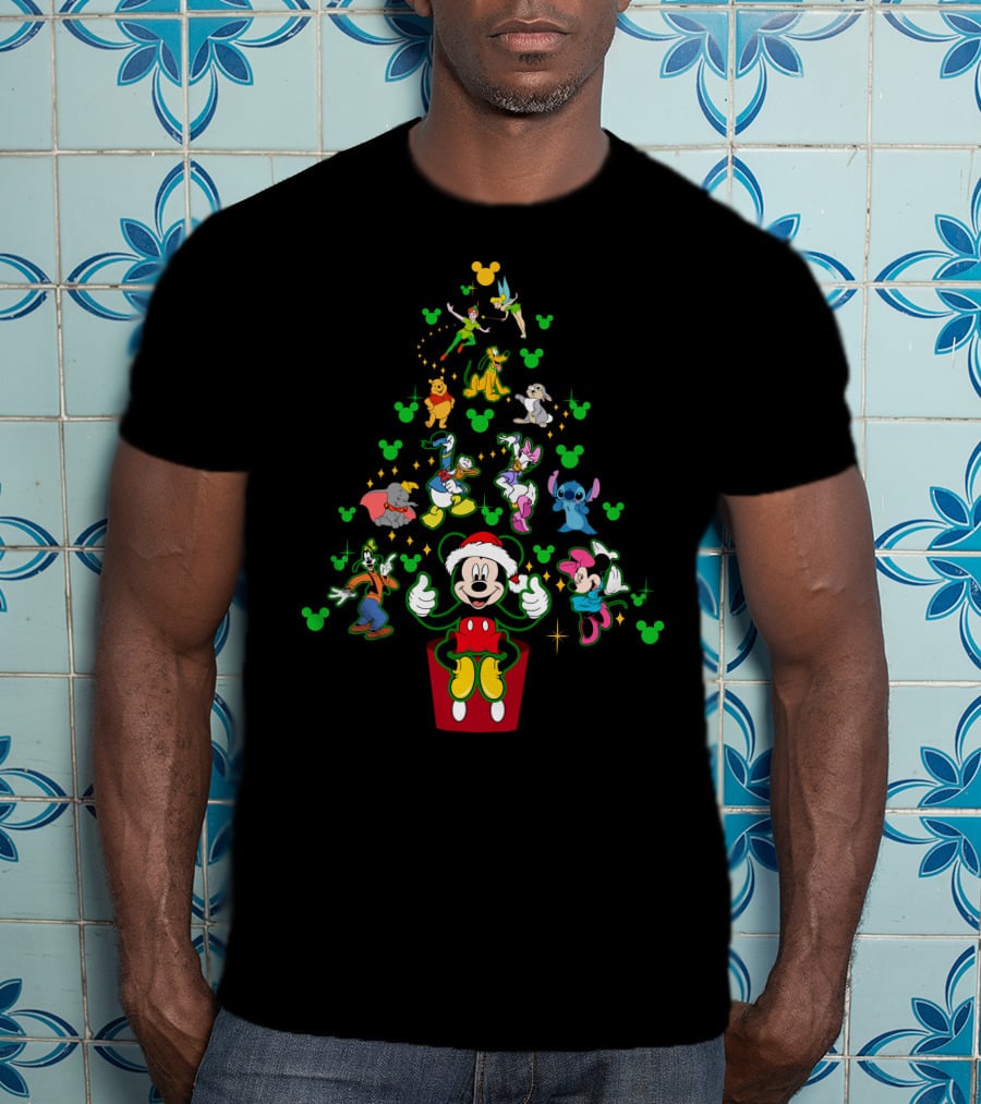 Merry Christmas 42 Disney Characters Tree Mickey Mouse Santa Minnie Stitch Tinker Bell Goofy Pluto Dumbo Winnie The Pooh T-Shirt