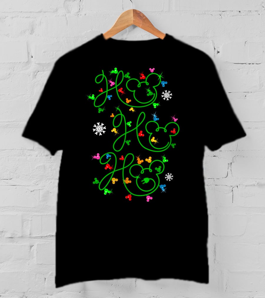 Ho Ho Ho Merry Christmas 54 Mickey Mouse Ears Snowflakes Colorful Ornaments T-Shirt
