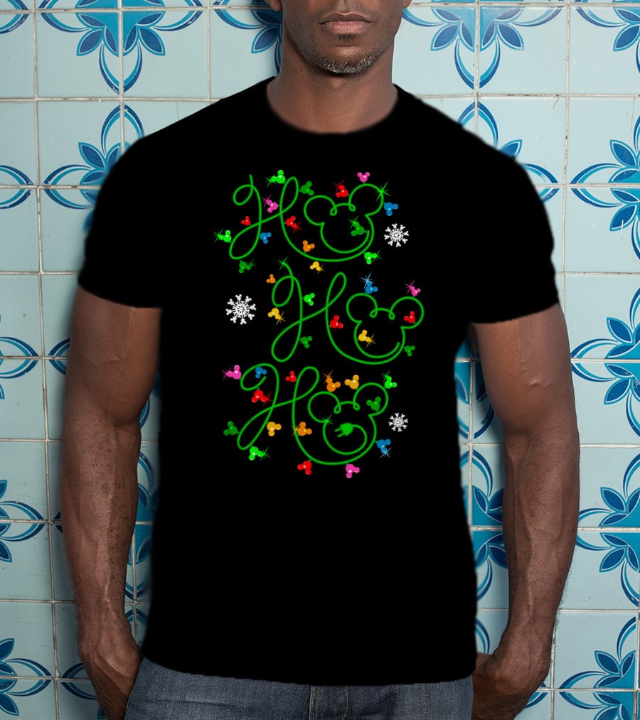Ho Ho Ho Merry Christmas 54 Mickey Mouse Ears Snowflakes Colorful Ornaments T-Shirt