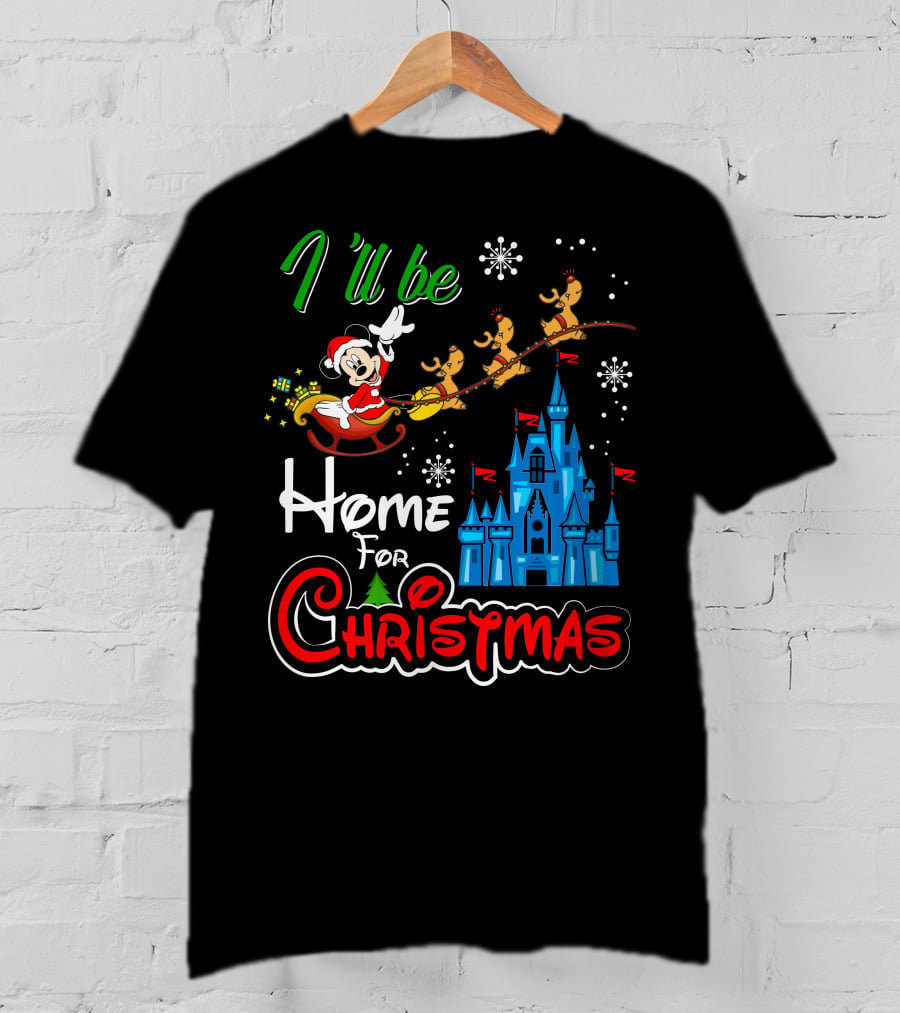 I'll Be Home For Christmas Mickey Mouse Santa Sleigh Castle Reindeer Snowflakes T-Shirt