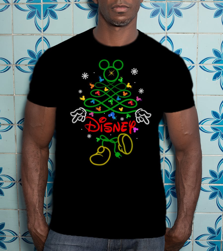 Disney Mickey Mouse Christmas Tree Neon Lights T-Shirt