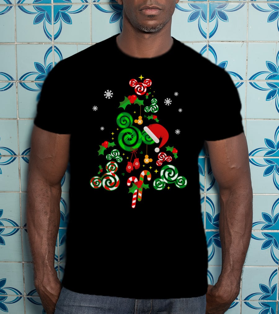 Merry Christmas 24 Candy Cane Tree With Santa Hat And Snowflakes T-Shirt