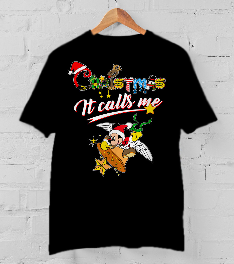 Christmas It Calls Me Mickey Santa Hat Winged Bell T-Shirt