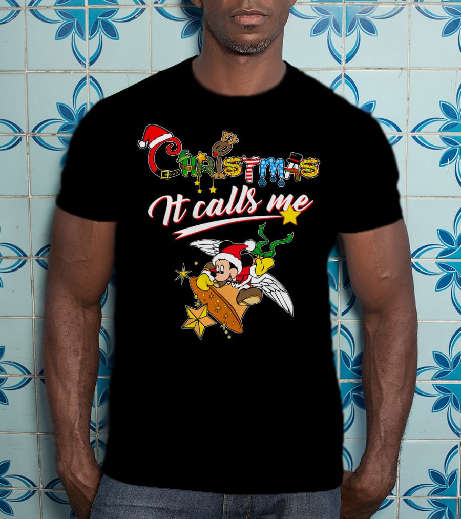 Christmas It Calls Me Mickey Santa Hat Winged Bell T-Shirt