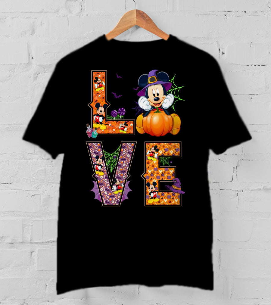 Love Halloween Mickey Mouse Pumpkin Witch Hat Spooky Bats T-Shirt