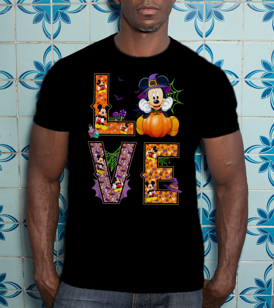 Love Halloween Mickey Mouse Pumpkin Witch Hat Spooky Bats T-Shirt