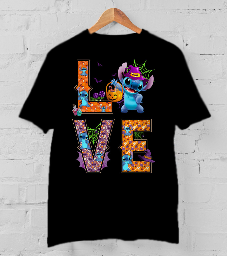 Love Stitch Halloween Theme With Pumpkin And Spiderwebs T-Shirt