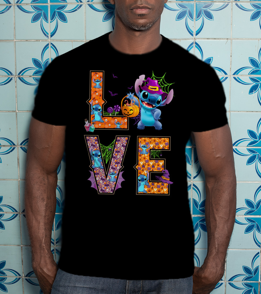 Love Stitch Halloween Theme With Pumpkin And Spiderwebs T-Shirt