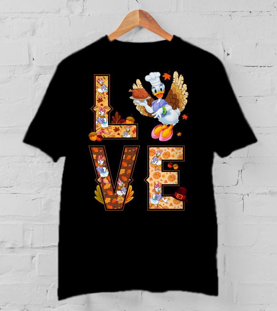 Thanksgiving Daisy Duck Love Fall Leaves Pumpkins Turkey Chef Hat T-Shirt