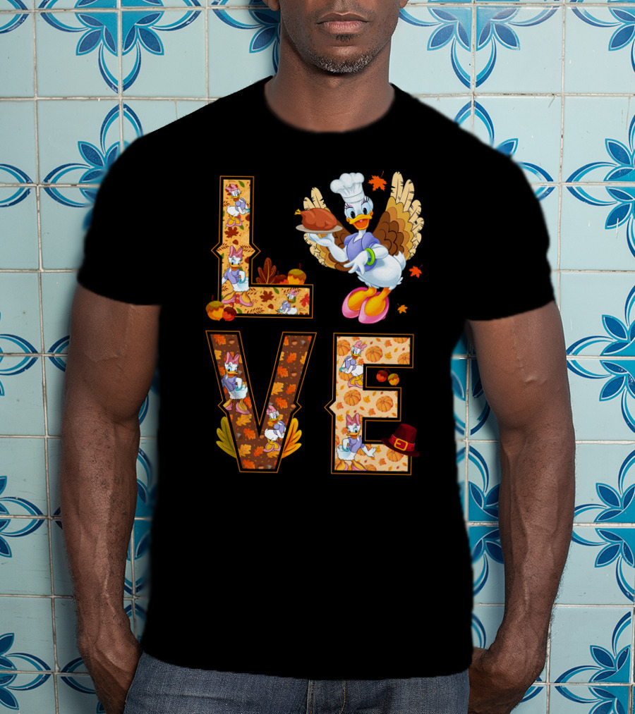 Thanksgiving Daisy Duck Love Fall Leaves Pumpkins Turkey Chef Hat T-Shirt