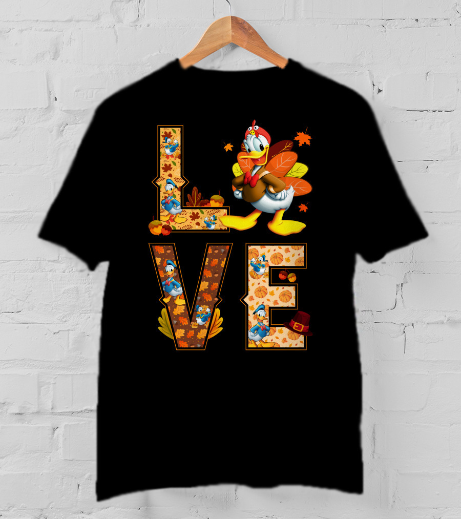Love Thanksgiving Donald Duck Turkey Autumn Leaves Pumpkins T-Shirt