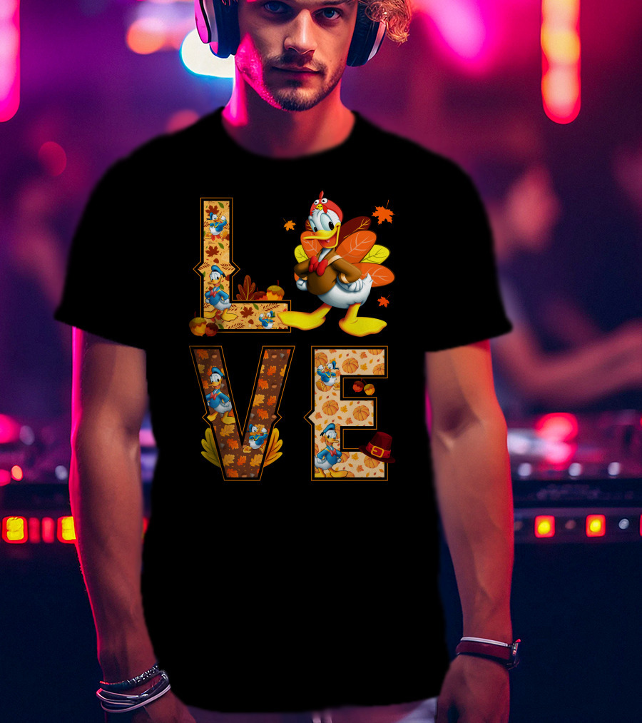 Love Thanksgiving Donald Duck Turkey Autumn Leaves Pumpkins T-Shirt