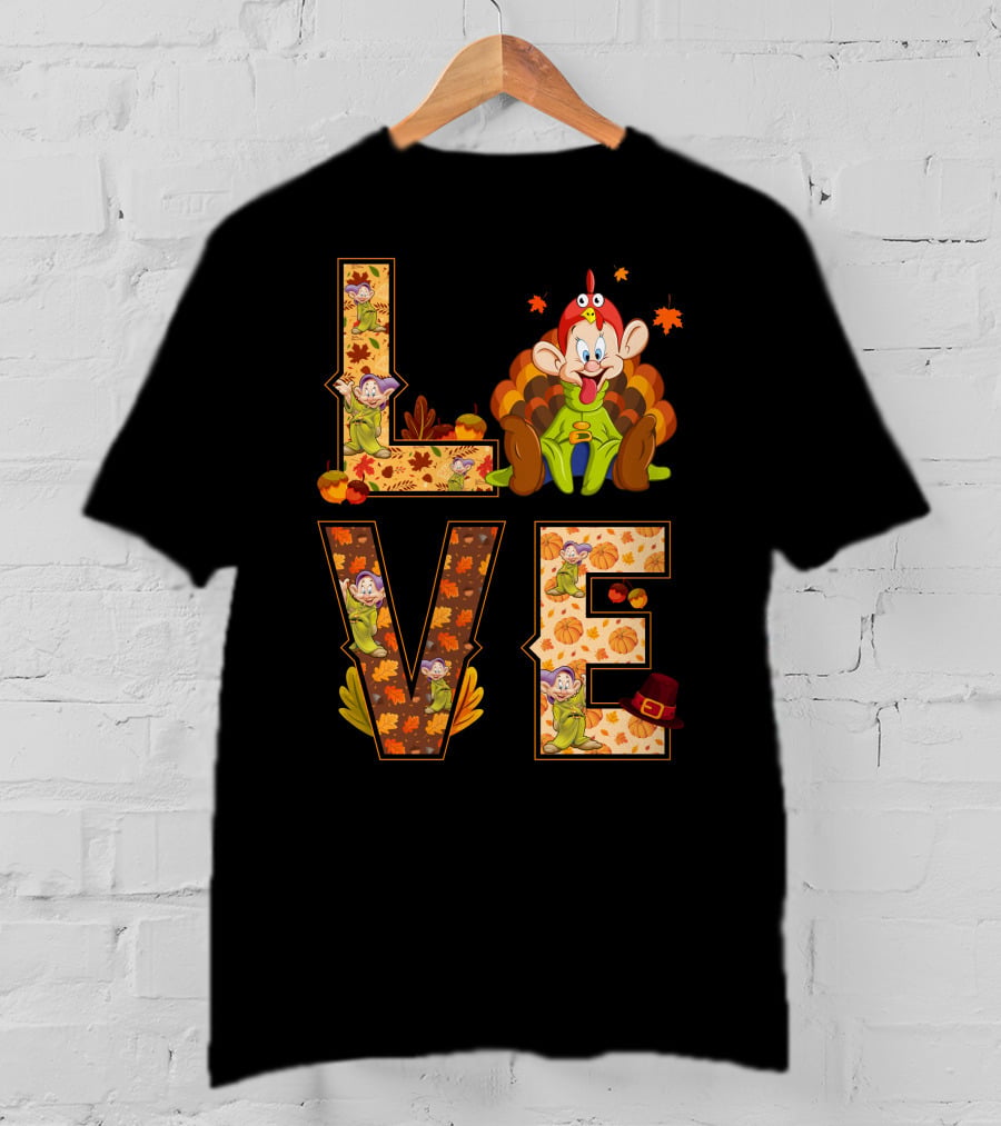 Love Thanksgiving Dopey Characters And Autumn Leaves T-Shirt