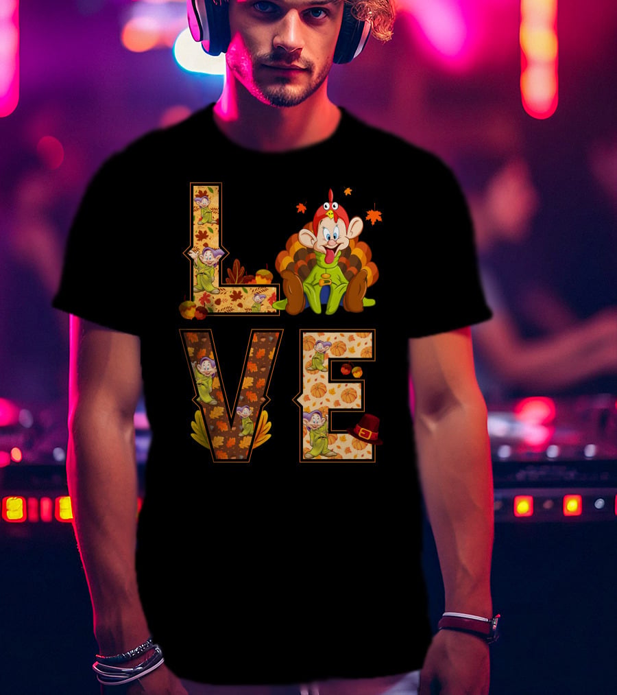 Love Thanksgiving Dopey Characters And Autumn Leaves T-Shirt