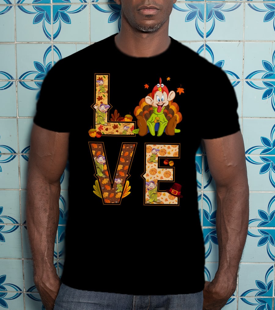Love Thanksgiving Dopey Characters And Autumn Leaves T-Shirt
