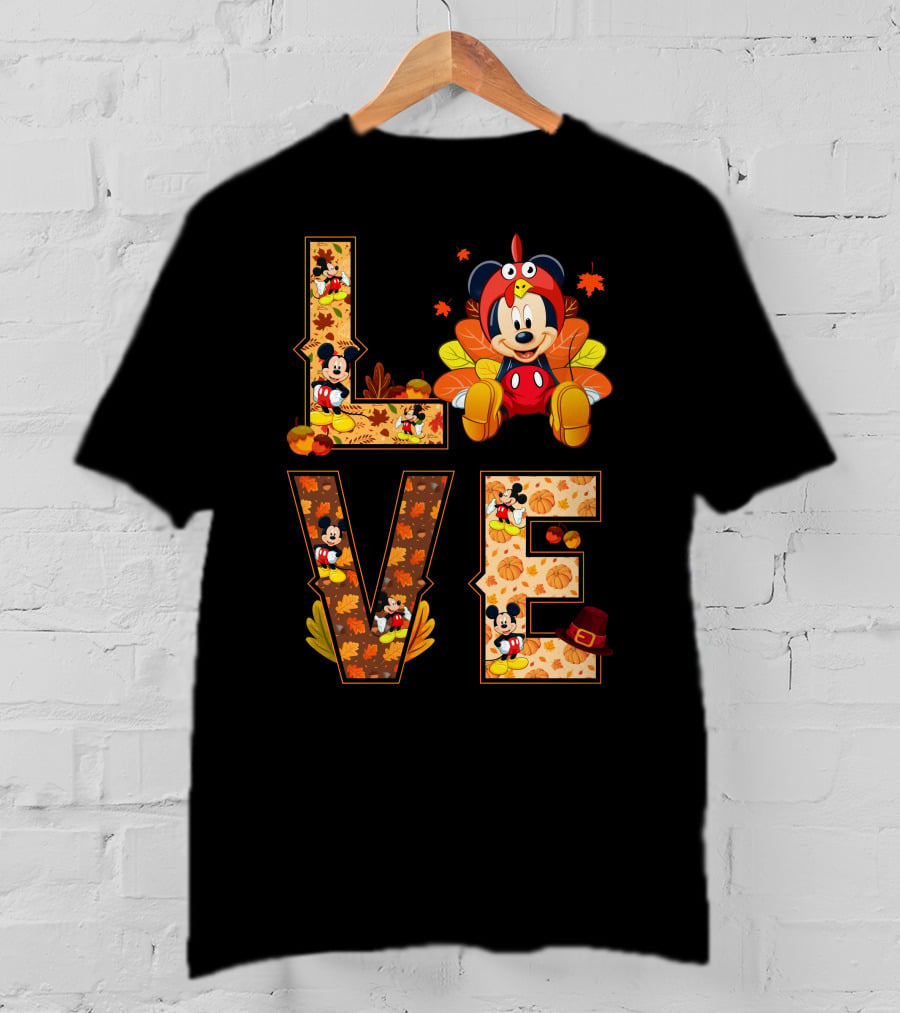 Mickey Love Thanksgiving Theme With Autumn Leaves And Pumpkins T-Shirt