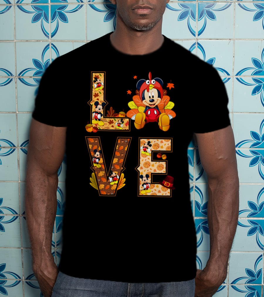 Mickey Love Thanksgiving Theme With Autumn Leaves And Pumpkins T-Shirt