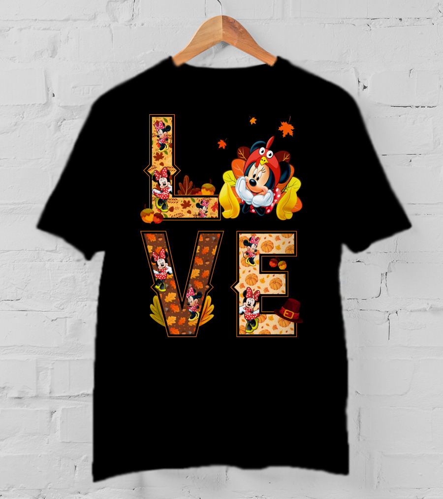 Autumn Love Minnie Mouse Fall Theme With Leaves And Pumpkins T-Shirt