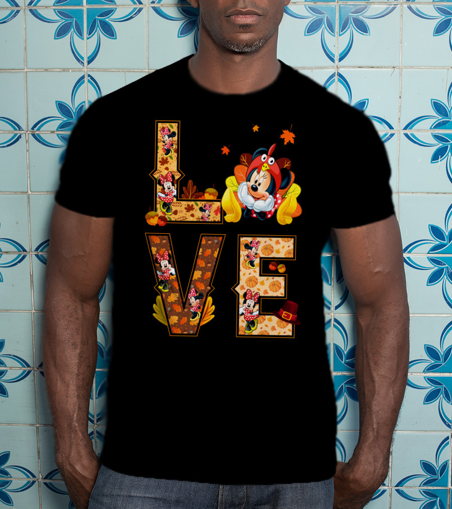 Autumn Love Minnie Mouse Fall Theme With Leaves And Pumpkins T-Shirt