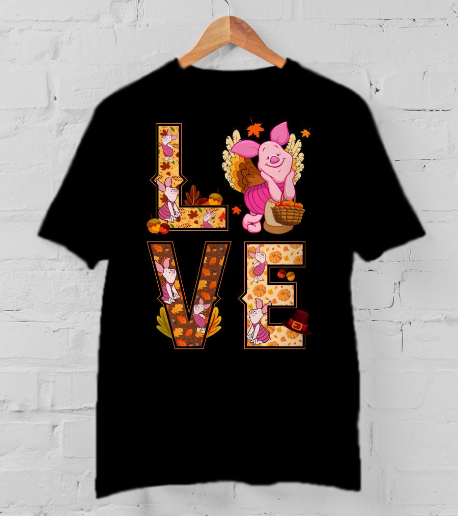 Piglet Love Autumn Harvest Thanksgiving Pumpkin Leaves T-Shirt