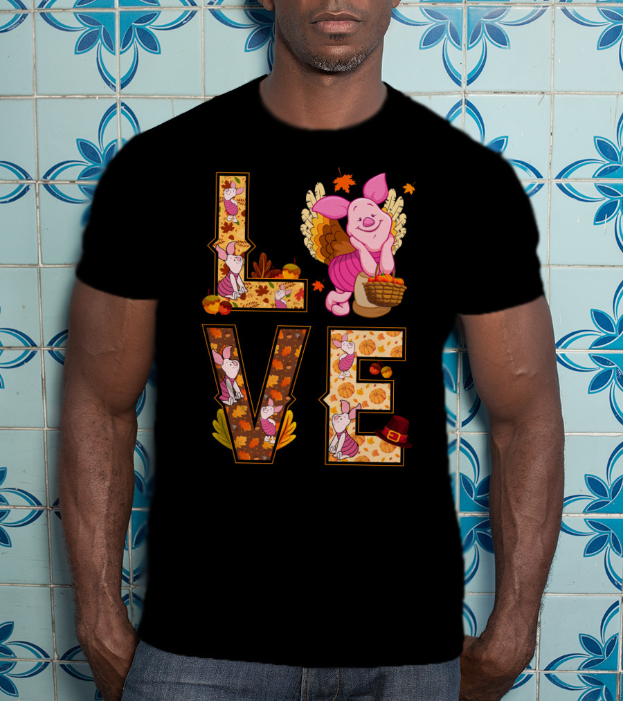 Piglet Love Autumn Harvest Thanksgiving Pumpkin Leaves T-Shirt