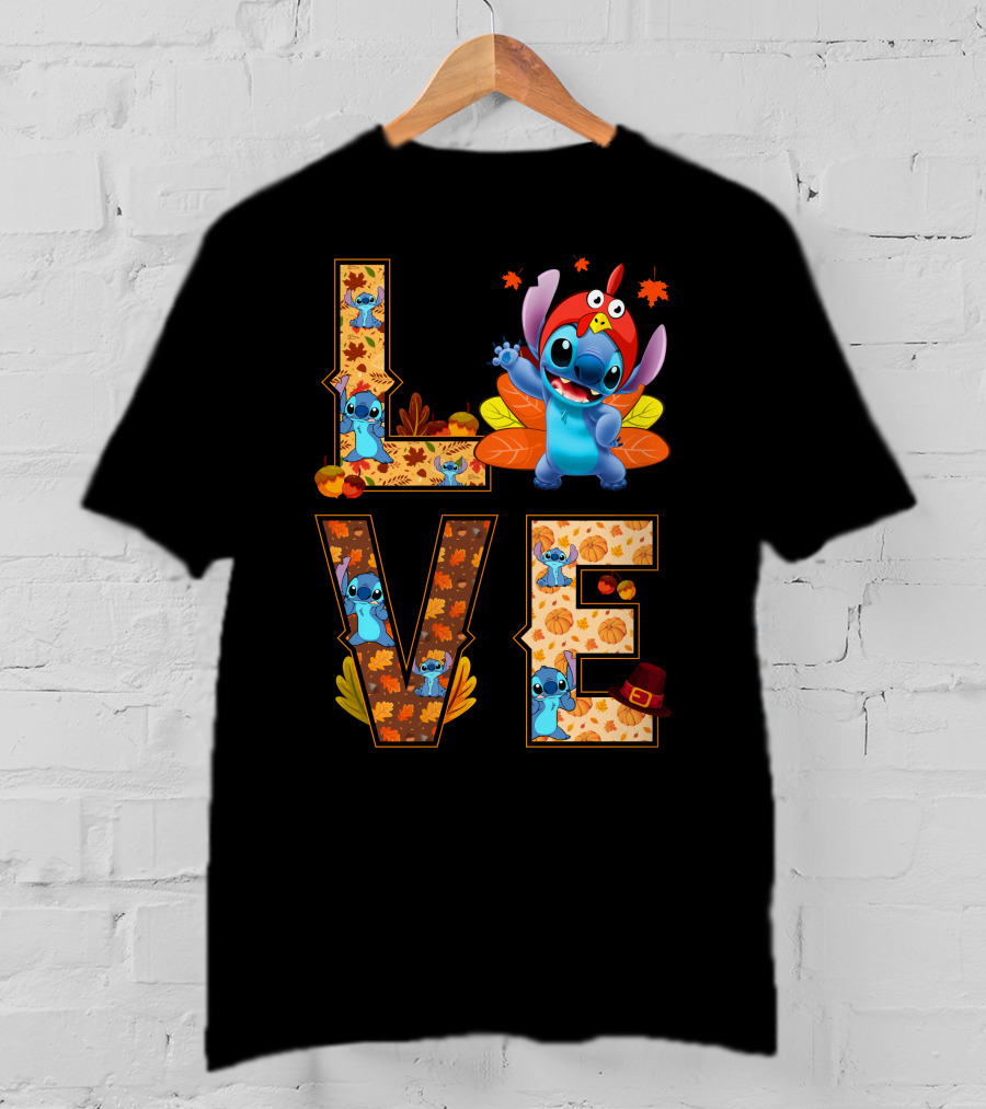 Love Stitch Thanksgiving Autumn Leaves Pumpkins Turkey Hat T-Shirt
