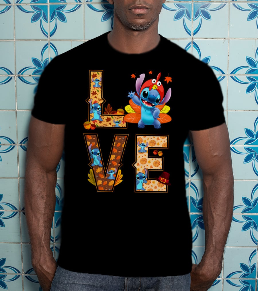 Love Stitch Thanksgiving Autumn Leaves Pumpkins Turkey Hat T-Shirt