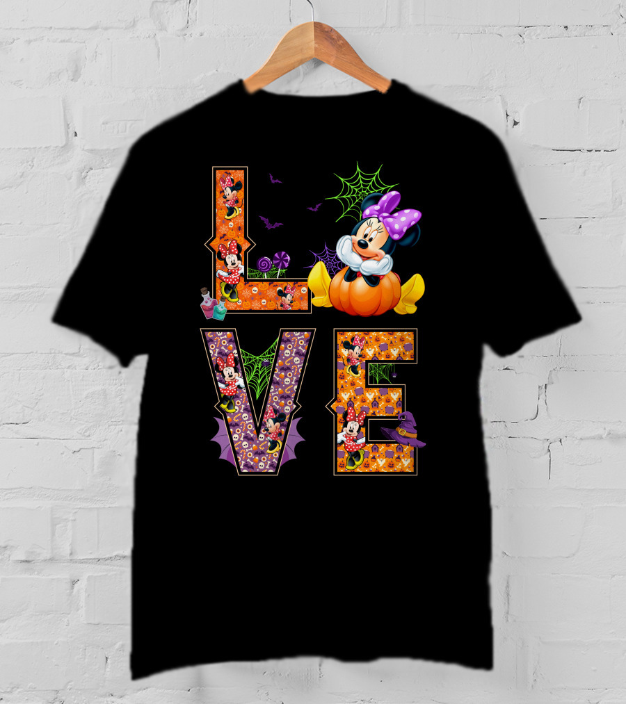 Love Minnie Halloween Pumpkin Bats Spiderwebs Bow T-Shirt