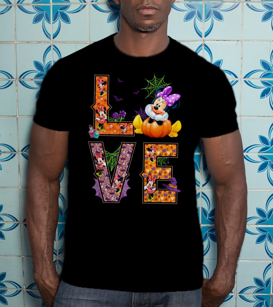 Love Minnie Halloween Pumpkin Bats Spiderwebs Bow T-Shirt