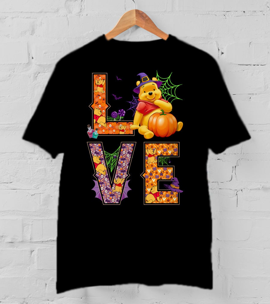 Pooh Halloween Love With Pumpkins And Spider Webs T-Shirt