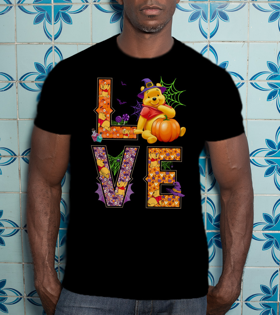 Pooh Halloween Love With Pumpkins And Spider Webs T-Shirt